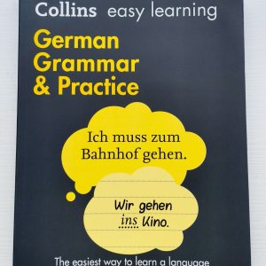 Book cover of a book to learn german grammar and practice. Black background and Yellow dialoge bubbles